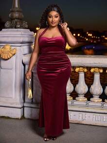 Hourglow Ceceforeign_ Plus Size Elegant Solid Color Backless Halter Neck Dress, For Autumn /Winter, For Hourglass Body Shape - Burgundy - View 5