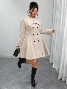 Elenzga Vestido blazer elegante plus size feminino, cor sólida, lapela, manga longa, punho de pele de coelho, cintura marcada, abotoamento duplo e barra evasê. Ideal para o inverno e outono. - Damasco - Ver 7