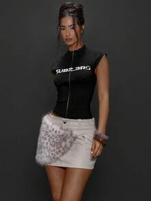 MUSERA 高领印花拉链长款罗纹上衣，适合冬季外出、日常夜间活动、性感街头风，优雅春夏Y2K风格。 - 黑色 - 查看 5