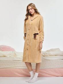 Bonmuse 女款秋冬法蘭絨毛絨睡袍，保暖珊瑚絨寬鬆舒適家居服，適合室內外穿著，舒適夏日穿搭 - 杏色 - 查看 5