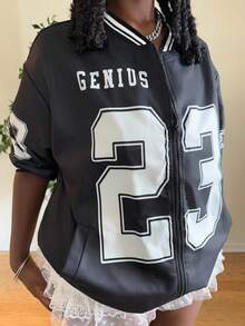 Truni Theloveshegives 23 Number Print Loose Fit Plus Size Jacket, For Pear Triangle Body Shape - Black and White - View 6