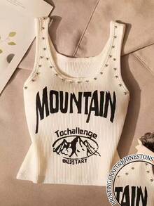 Resyla New Arrival Rhinestone Letter Print Regular Women Tank Top - White - View 1
