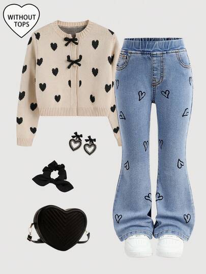 SHEIN Young Girl' Blue Denim Bow Decor Elastic Skinny Flare Pants,Fall Clothes,Winter Clothing ,Casual And Fashionable Vacation Outfits,Streetwear,2000s Style  ,Christmas Clothing,Girl Bell Bottom , Girl Cute Jeans