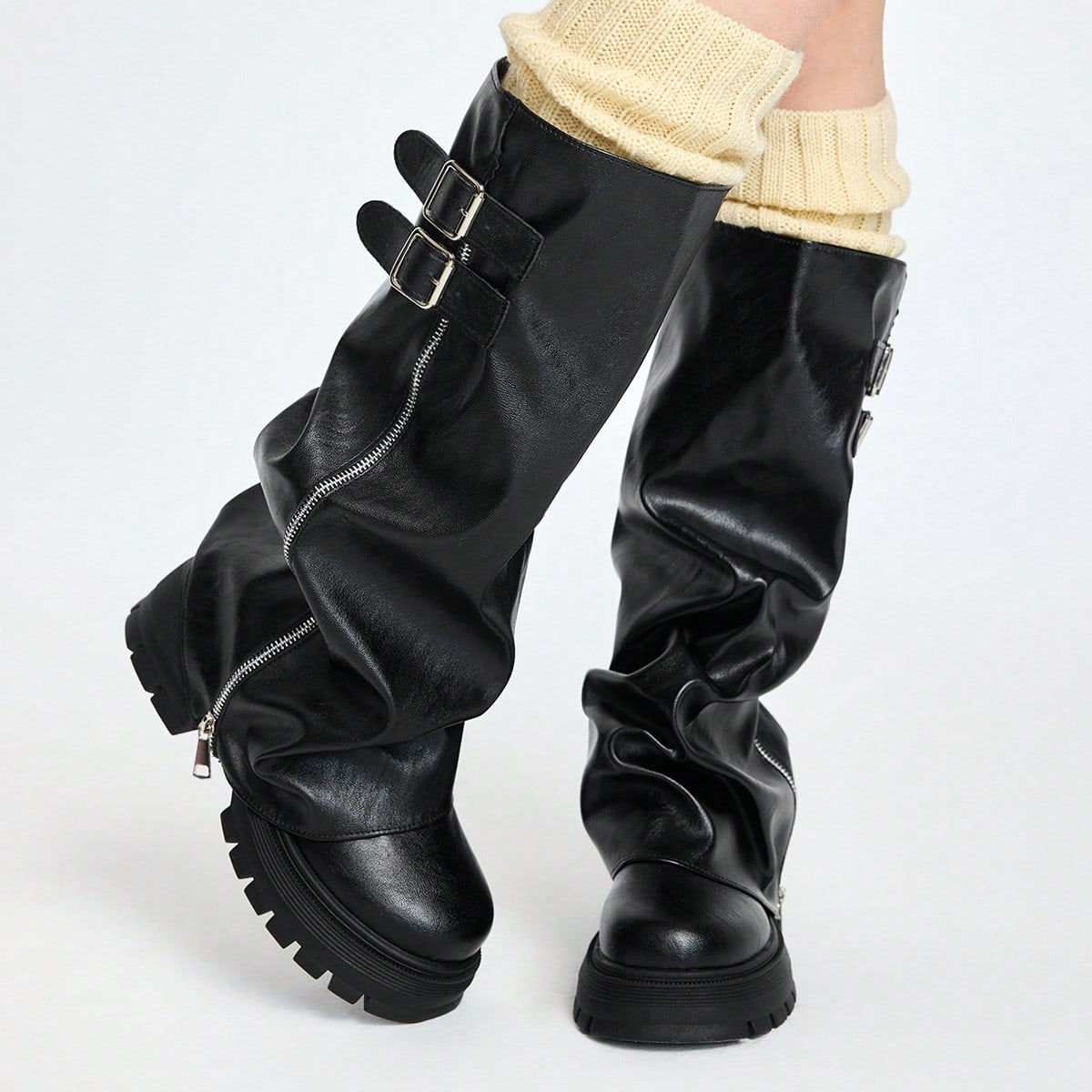 Botas de uniforme para mujer, Otoño/Invierno 2025, Punta redonda, Tacón grueso, Plataforma alta impermeable, Botas altas hasta la rodilla, Adecuadas