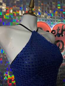 Conjunto de 2 piezas de top halter asimétrico de lentejuela de unicolor y minifalda sexy - Azul - Ver 2
