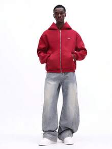 SUMWON 男士宽松全拉链连帽衫，背面饰有大星星图案，配有抽绳帽，打造休闲街头风。 - 酒紅色 - 查看 3