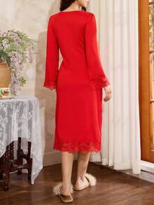 Côtesoire Váy ngủ tay chuông phối ren trơn màu thanh lịch dành cho nữ - Đỏ - Xem 2