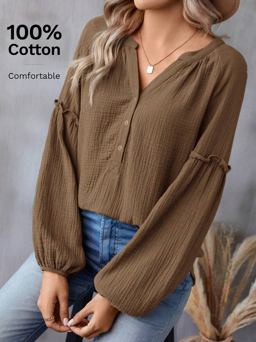 SHEIN LUNE Áo sơ mi nữ dài tay, màu trơn, chất liệu cotton, kiểu dáng thường ngày. - màu nâu - Xem 1