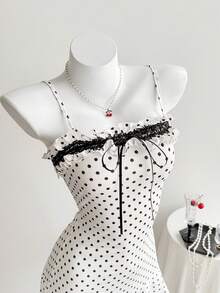 Comfortcana 女士波点荷叶边蝴蝶结设计优雅时尚休闲/约会吊带裙 - 白色 - 查看 1