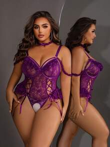 SpicyHot Bộ 2 bộ đồ liền thân ren cực kỳ gợi cảm cỡ lớn có gọng [Bộ đồ liền thân + Cổ áo] - Màu tím - Xem 10