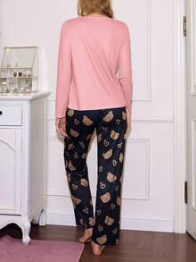 SweetSlumber Cute Heart, Bear & Letter Pattern Women Pajama Set, Winter Clothes - Multicolor - View 2