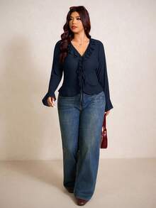 Elaquor Elegante Bluse mit Rüschen, weiten Ärmeln und Schleife vorne für Damen, Herbst - marineblau - Übersicht 3