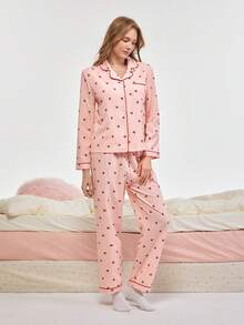 Bonmuse 樱桃印花睡衣套装，甜美可爱翻领纽扣长袖上衣和裤子，女士睡衣和家居服，秋冬秋季服装 - 粉色 - 查看 5