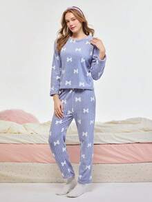 Bonmuse 2件套女款加厚蓬鬆睡衣套裝，簡約時尚蝴蝶結裝飾家居服，長袖上衣與長褲，秋冬款，秋季服飾 - 藍色 - 查看 3