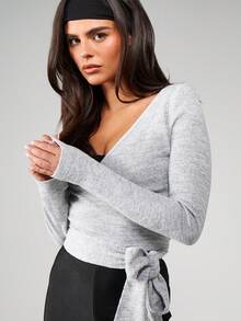 MISSGUIDED Ribbed Knit Long Sleeve Wrap Top With Side Tie Detail V Neck Cropped Casual Layering Essential Fall Winter Basic Sweater - Grey - View 6