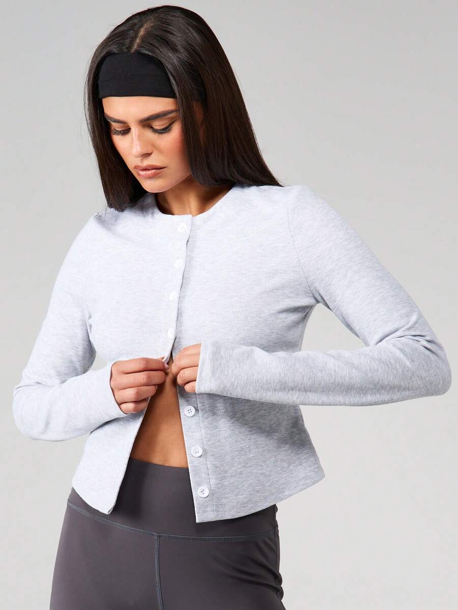 MISSGUIDED Ribbed Button Front Cardigan Long Sleeve Crew Neck Regular Fit Casual Layering Top Fall Winter Essential - Grey - View 1