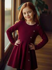 Emery Rose Kids Emery Rose Kids 少女及年轻女孩优雅休闲圆领套头开衩中长连衣裙，适合上学、日常休闲穿着，秋冬季女童连衣裙，带纽扣长袖，酒红色，适合少女及年轻女孩，秋季连衣裙，少女秋季连衣裙 - 酒紅色 - 查看 2