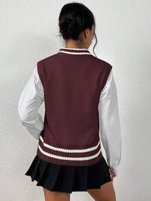 Chiquease 女士休闲撞色滚边针织背心，秋冬季 - 中紫紅色 - 查看 2