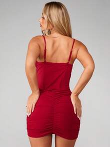 MISSGUIDED Stretch Jersey Corset Sweetheart Neckline Mini Dress With Lace Trim Black Bow Detail Ruched Bodycon Evening Party Night Out Fitted Adjustable Straps - Red and Black - View 2