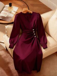 Franclia French-Style Elegant Burgundy Women's Dress, Pleated Dress, Waist-Cinching Slimming Dress, Noble And Elegant Women's Dress, Women's Winter Dress, Women's Party Dress, Elegant Party Dress, Elegant Women's Dress, Women's Winter Dress