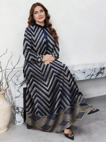 SHEIN Najma 大码女式复古几何花卉印花纽扣领长袖连衣裙，适合春秋季节时尚 - 彩色 - 查看 1