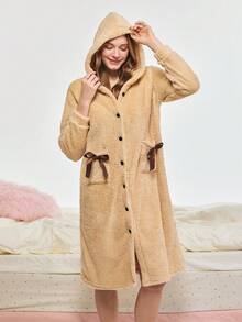 Bonmuse 女款秋冬法蘭絨毛絨睡袍，保暖珊瑚絨寬鬆舒適家居服，適合室內外穿著，舒適夏日穿搭 - 杏色 - 查看 7