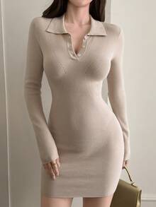 DAZY Women's V-Neck Fitted Knit Mini Dress - Khaki - View 4