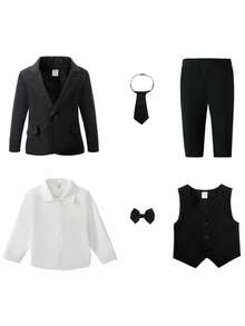 6pcs Baby Boy Formal Suit Set, Including Light White Long Sleeve Shirt, Black Tie & Bow Tie, Matching Vest, Jacket And Pants. The Light White Shirt Looks Especially Elegant In The All-Black Suit, Making The Whole Outfit Look Neat And Fashionable, Suitable For Holiday Events, Formal Occasions, Weddings, Wedding Guests, Ring Bearers, Groomsmen, Back To School Season - Multicolor - View 3