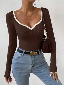 RosyDaze Damtröja med hjärtformad halsringning, ribbad långärmad, modern och mångsidig - Kaffebrun - Visa 4