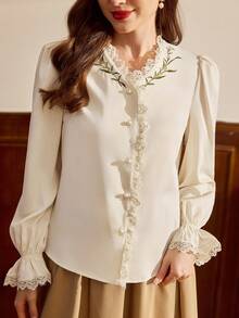 Vintamour 女士复古优雅花卉刺绣碎花蕾丝边珍珠纽扣灯笼袖休闲节日派对冬季圣诞节新年感恩节优雅衬衫 - 米色 - 查看 6