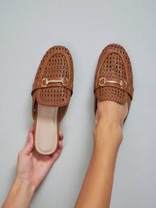 SHUZIA #OldMoney Women's Square Toe Pu Brown Woven Mary Jane Flats – Classic Coastal Chic & Breezy Summer Comfort Valentine's Day - Maroon - View 3