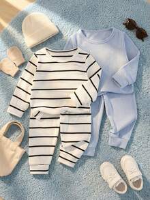 SHEIN 4pcs (2 Sets) Baby Boys Toddler Casual Outfits Classic Striped Pattern Solid Color Blue White Ribbed Texture Long Sleeve Crew Neck T-Shirts Tops And Elastic Waist Pants Trousers Set Soft Stretchy Infant Daily Playwear Clothes Suits Spring Autumn - Multicolor - View 11