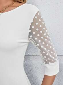 SHEIN LUNE 女士优雅网纱拼接圆领中长连衣裙 - 白色 - 查看 3