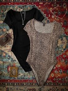 Attitoon 2pcs Women Casual Leopard Print & Solid Color Bodysuit Set, Round Neck Short Sleeve Fitted Bodysuit, Suitable For Summer - Multicolor - View 6