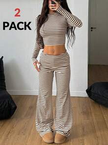 Coolane 女士秋冬街头风外出复古条纹图案弹力舒适长袖插肩T恤和小号喇叭裤两件套 - 彩色 - 查看 3