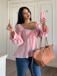 Vibekara Xuân, Hạ, Thu, Nơ Mới Ngọt Ngào Thanh Lịch Vải Ren Họa Tiết Trang Trí Tay Phồng Áo Cánh Nữ, Thắt Eo Áo Sơ Mi Ngắn Không Đối Xứng - Hồng - Xem 3