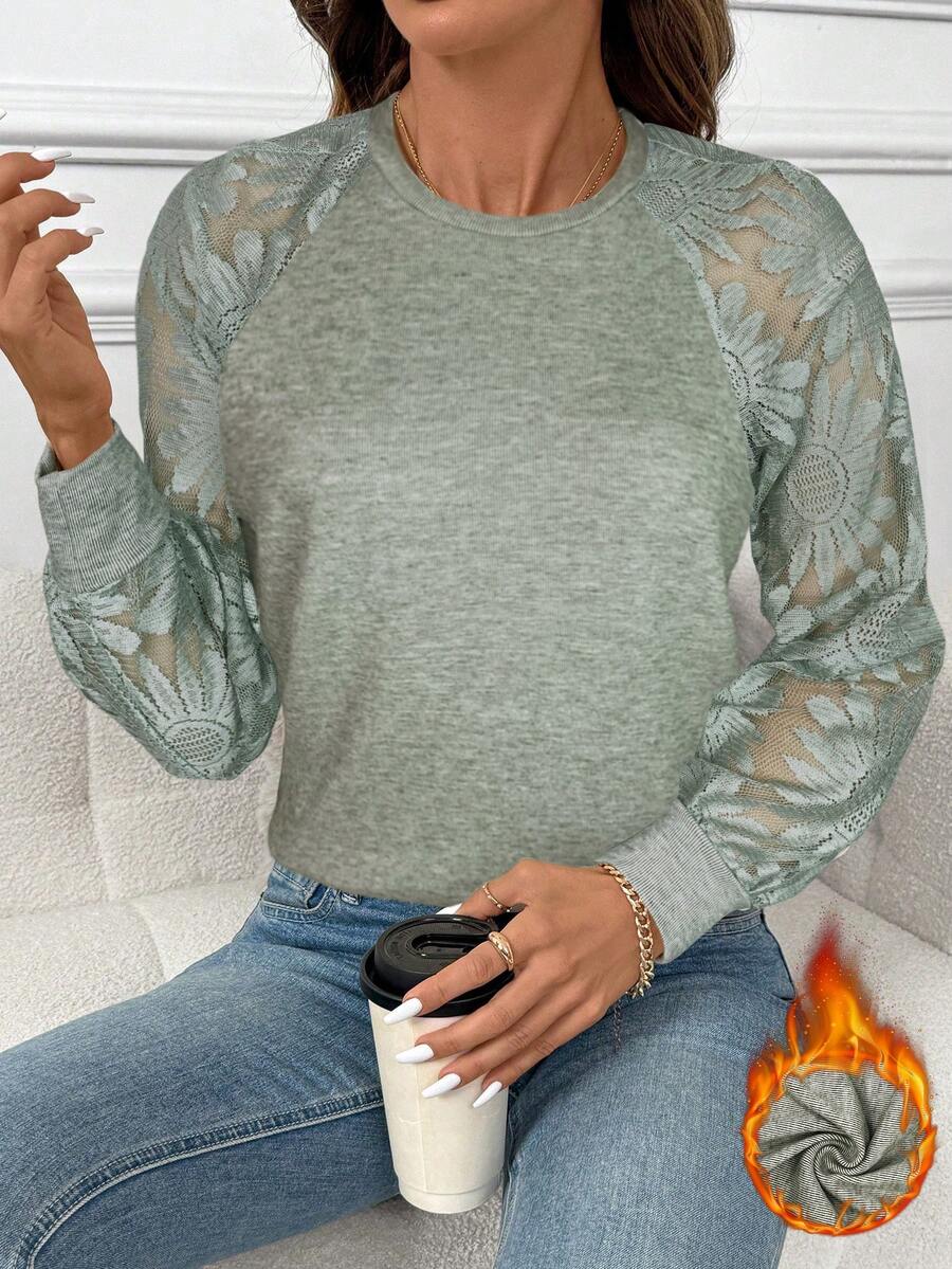 SHEIN Clasi 女士毛绒拼接向日葵蕾丝T恤 - 薄荷綠 - 查看 1