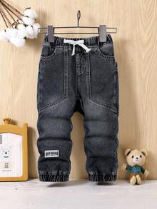 2 pièces Ensemble veste à capuche en jean lavé + pantalon en jean à taille élastique pour jeune garçon, printemps/automne. Tenue en jean décontractée pour enfants, douce et confortable pour l'école, les vacances, l'extérieur - Noir - View 3