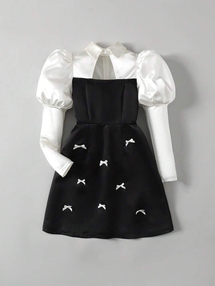 Tween Girl Woven Contrast Color Collar Petal Sleeve Bowknot Dress