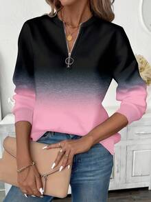 EMERY ROSE Plus Size Women Casual Textured Striped Print Zip-Up Crew Neck Sweatshirt, American Minimalist Style Women Sweatshirts Women Long Sleeve Tops Winter Tops For Women Pullover For Women - Multicolor - View 3