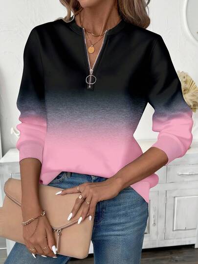 EMERY ROSE Plus Size Women Casual Textured Striped Print Zip-Up Crew Neck Sweatshirt, American Minimalist Style Women Sweatshirts Women Long Sleeve Tops Winter Tops For Women Pullover For Women