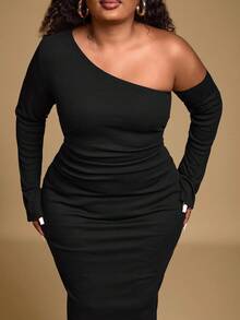 Hourglow Váy suông cổ không đối xứng màu trơn thanh lịch cỡ lớn dành cho nữ, mùa xuân/thu/thu/đông - màu đen - Xem 6