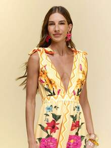 CAJUNI Women's Casual Vacation Tropical Yellow Lily & Peony Floral Print Tie Strap Off-Shoulder Dress, Elegant Dress For Date Outfit - Yellow - View 6