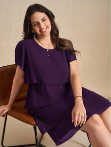 Chikora Gaun Ukuran Besar Elegan Warna Polos dengan Hem Berlapis dan Rumbai, Musim Panas - Purple - View 7
