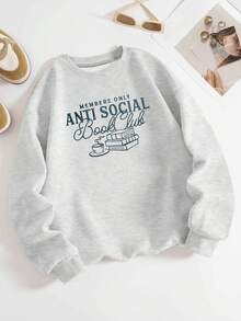 INAWLY Sudadera para mujer / Antisocial / Club de lectura / Bordado artesanal / Adecuado para usar en otoño e invierno, adecuado para blusas de manga larga de otoño e invierno, temporada de graduación, temporada de regreso a clases / Sudadera casual y sencilla de moda / Parte superior suelta y casual de cuello redondo para mujer / Otoño e invierno - Gris - Ver 2