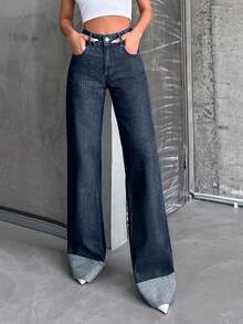 SHEIN Tall HIGH WAIST100%Cotton Rolled Up Wide Leg Jeans - Dusty Blue - View 6