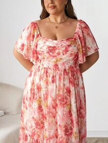 Enliva Ry2ky Plus Size Boho Vintage Women's Spring Vacation/Valentine's Day Pink Floral Print Chiffon Square Neck Chest-Ruched Ruffle Hem Long Dress, For Summer,Beach Dress Sundress,Holiday Outfits, For Apple Rounded Body Shape - Multicolor - View 7