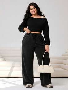 Solflare Plus Size Black Casual Drawstring Waist Loose Sweatpants - Black - View 5
