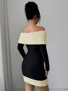 Modelyn 优雅露肩针织毛绒撞色迷你连衣裙，适合派对、秋冬季穿着 - 杏色 - 查看 3