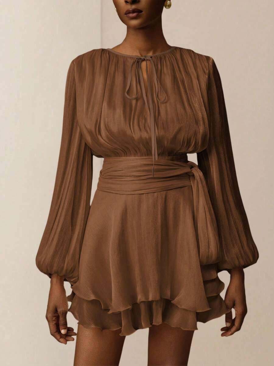 Vesra 杏色系带长袖荷叶边下摆设计女士短裙 - 咖啡 - 查看 1